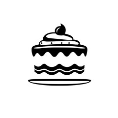 Minimalist Black and White Cake Logo: Two-Layered Dessert on Plate with Whipped Cream, Elegant, Clean, and Modern Design.