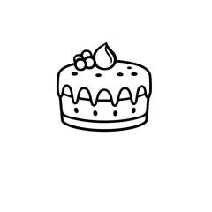 Minimalist Black and White Line Art Cake Illustration with Berries and Cream Topping on White Background.