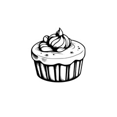 Detailed black and white illustration of a cupcake with swirl frosting, set against a minimalist white background, artistic style.