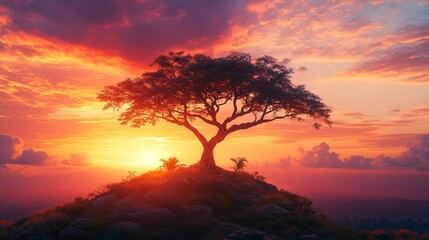 Fototapeta premium Majestic Lone Tree Silhouetted Against Vibrant Sunset Over Rugged Mountain Landscape Evoking Serenity