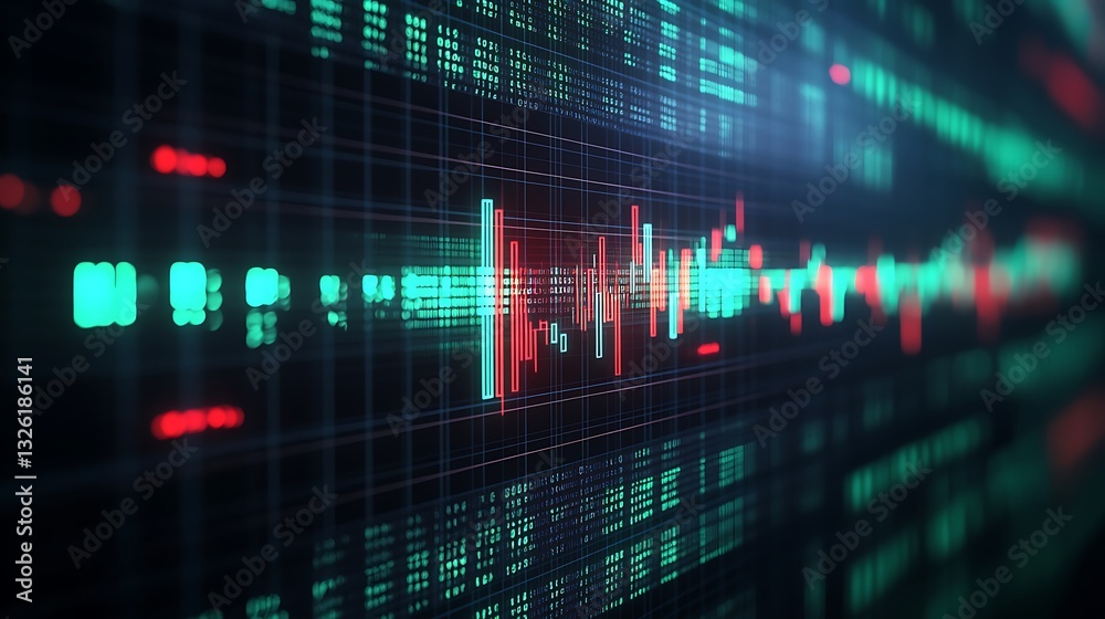 Poster colorful digital sound wave visualization with grid overlay showcasing data analysis and audio editi
