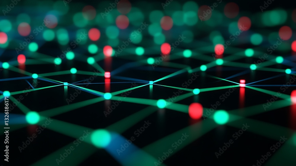 Poster colorful digital grid with glowing dots and lines representing network connections and data flow
