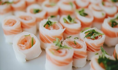 Salmon Wrapped Rice Paper Appetizers Displayed as Culinary Art at Event Catering Service