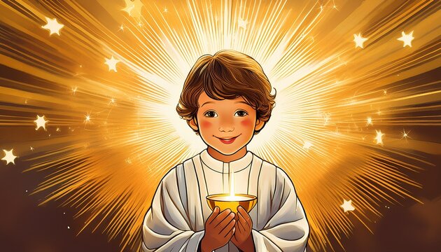 Heartwarming illustration of a child receiving their First Holy Communion, enveloped in golden rays of divine light and blessing. A sacred moment