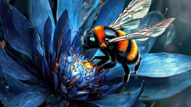 Bumblebee collecting nectar from vibrant blue flower in a sunny garden setting, A Bumblebee is collecting nectar on the head of a blue flower