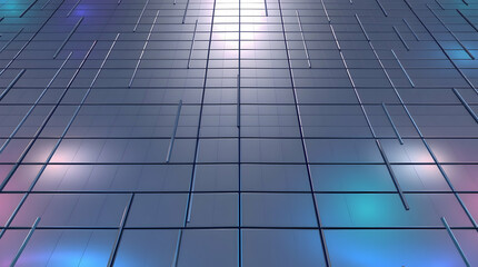 Obraz premium A 3D rendering of a grid pattern with reflective surfaces, illuminated with soft, colorful light from below.