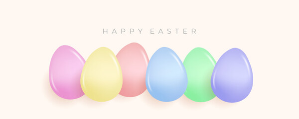 Happy Easter festive banner. Soft colored glossy Easter Eggs. Blue background. Vector illustration.