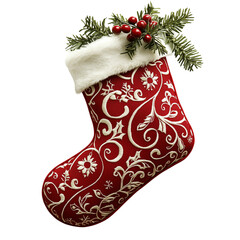 Festive Christmas stocking decoration with a classic red and white design, isolated on transparent bckground 