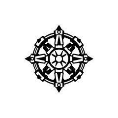 Obraz premium Intricate Black and White Wheel Symbol with Star Center and Angular Spokes on White Background.