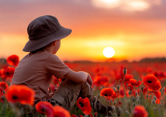 a field of vibrant red poppies basking in the warm glow of sunrise,