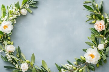 Fototapeta premium Minimalistic Floral Arrangement With White Flowers and Green Leaves on a Textured Blue Background