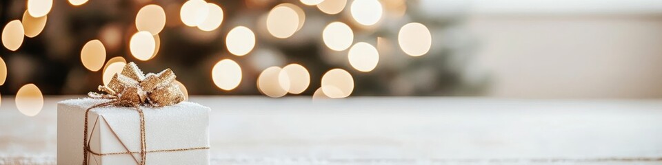 White Gift Box with Gold Bow Under Blurred Christmas Tree Lights, Festive Holiday Background