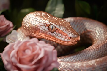 Obraz premium Metallic rose gold snake coiling its body near pink roses, creating a luxurious and surreal contrast