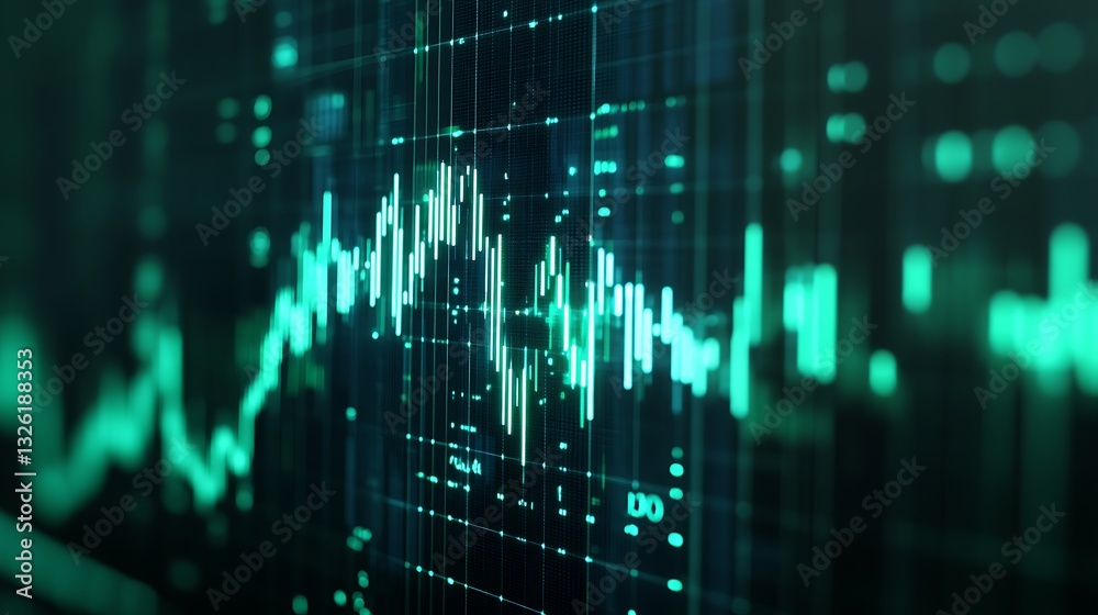 Poster digital data visualization with abstract green lines and graphs on a dark background