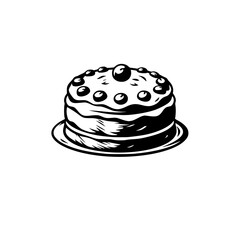 Monochrome Illustration: Round Layer Cake on a Plate, Decorated with Berries, Set Against a Clean White Background.