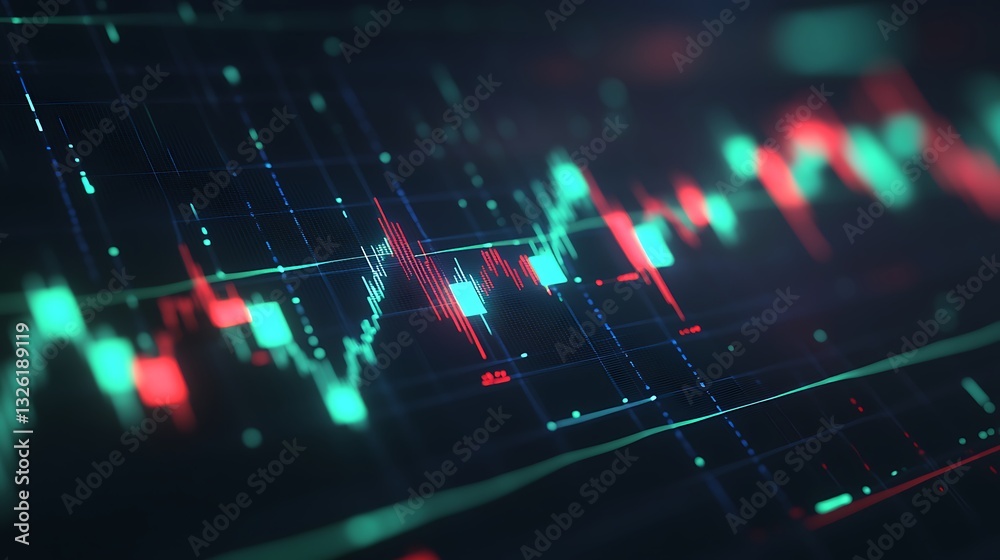 Poster digital financial data visualization with colorful candlestick chart and graph elements for trading 
