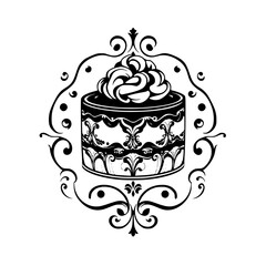 Ornate Black and White Vector Illustration of a Layered Cake with Decorative Frosting, Embellished by Elegant Flourishes, in an Oval Frame.