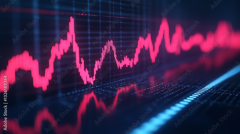 Poster digital financial graph with pulsating data line in vibrant red and blue colors against dark backgro