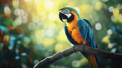 A colorful parrot sitting peacefully on a natural tree branch