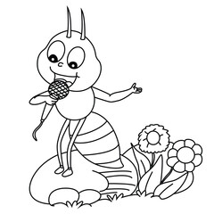 Cute cartoon hand drawn vector smiley ant singing a song coloring page.