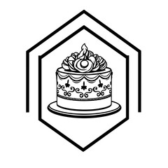 Elegant Black and White Illustration of a Decorated Cake, Centered Within a Geometric Hexagon Frame, Evoking Celebration and Refinement.
