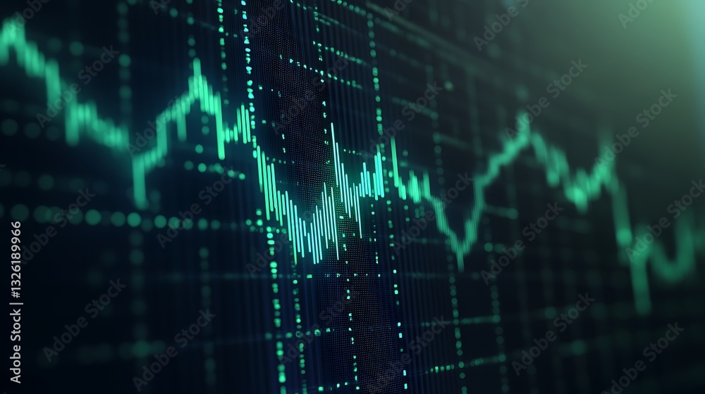 Poster digital stock market chart with fluctuating graph lines and glowing data points in a technology back