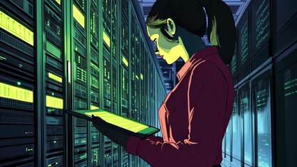 Data processing by a caucasian female worker in a technology environment with server racks and glowing screens, data processing over caucasian female worker using tablet in server room - Powered by Adobe