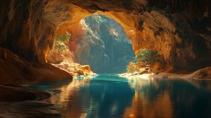 A quiet, expansive empty cave with an underground lake at the center, reflecting the soft light above 