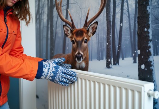 A person in an orange jacket adjusts a radiator near a deer mural - Powered by Adobe