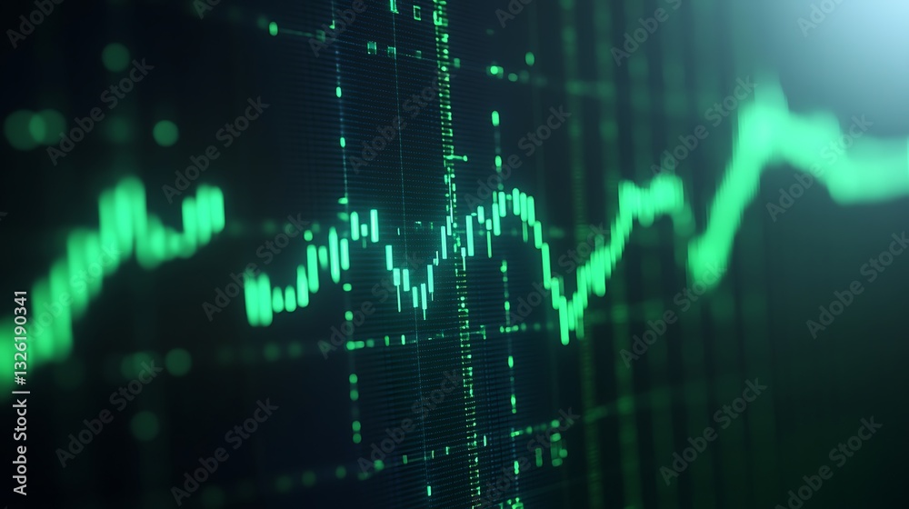 Poster digital stock market graph visualization with green line and background data analysis representation