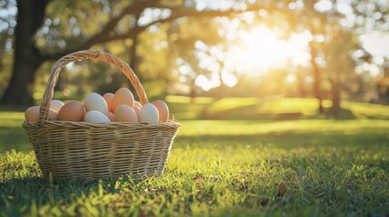 Wicker basket full of white and brown eggs sitting on green grass outside in sunlight, Easter egg hunt concept, springtime, spring equinox celebration, copy space.