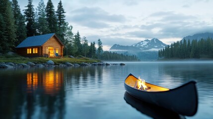 Fototapeta premium Cozy cabin by a serene lake at twilight.