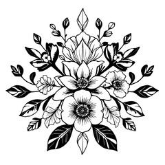 Intricate Floral Mandala: Black and White Illustration of Elegant Flowers, Leaves, and Buds in Symmetrical Pattern.