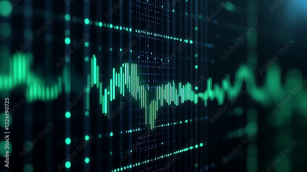 Poster digital waveform display representing sound frequencies in an abstract modern sound visualization de