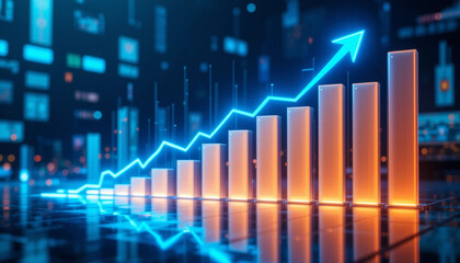 This image shows a glowing blue line graph rising sharply, with blue bar graphs below, symbolizing financial growth or positive market trends.