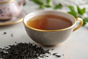 A cup of tea with loose tea leaves on a wooden table