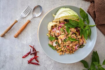 Spicy Minced Pork Salad, thai isan food, thai called Larb Moo	