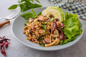 Spicy Minced Pork Salad, thai isan food, thai called Larb Moo	
