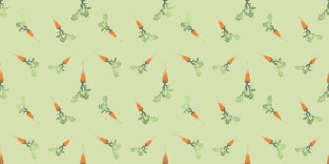 Pattern seamless with orange carrot on a green background. Ideal for Carrot cake day, Vegan day, Gardening, farming. Product packaging, celebration, paper, fabric, textiles, home decor, gift