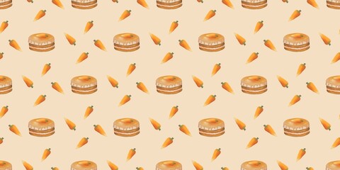 Pattern seamless with orange carrot and carrot cake. Ideal for Carrot cake day, Vegan day, Gardening, farming. Product packaging, celebration, paper, fabric, textiles, home decor, gift