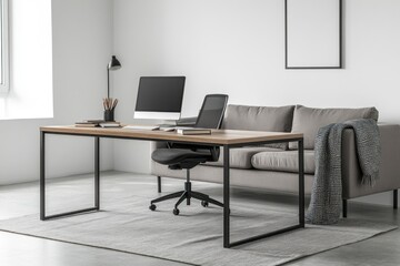 Modern home office with desk, computer, and sofa.