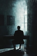 A person sitting at a table in a dimly lit room, possibly contemplative or working