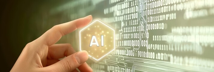 Futuristic AI concept image featuring a glowing hexagon with "AI" text, a hand reaching out, and a digital circuit board background in neon light
