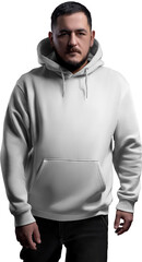 Mockup of a white hoodie oversized with a pocket, ties on a bearded man, png, front view