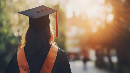 Graduate walks towards future, sunset campus