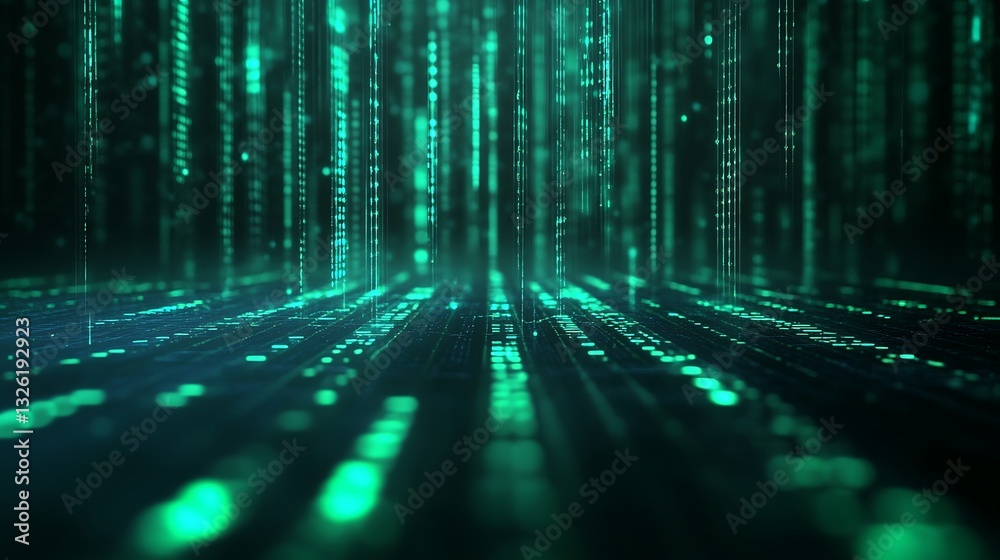 Poster futuristic data stream with green binary code flowing through a digital environment
