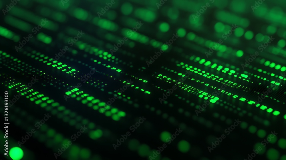Poster futuristic data visualization with glowing green dots and lines in a digital matrix environment