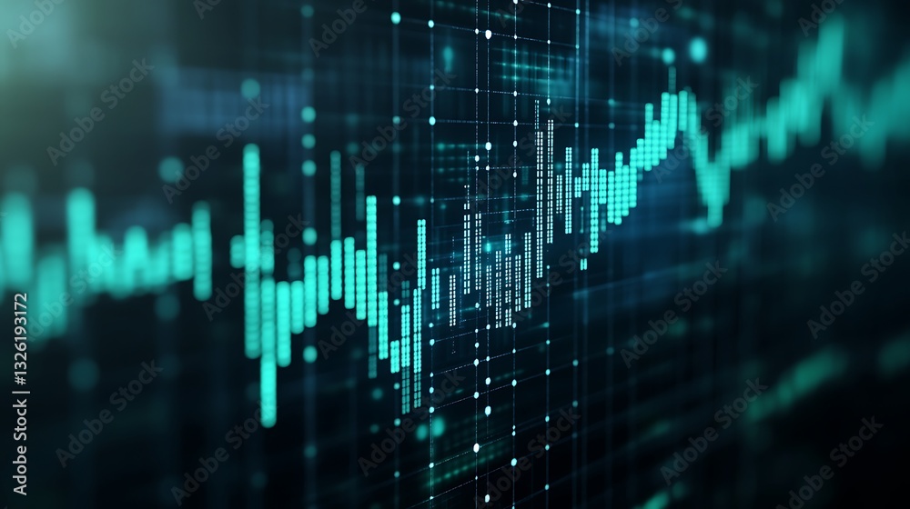 Poster futuristic data visualization with glowing lines and particles depicting statistical trends in techn