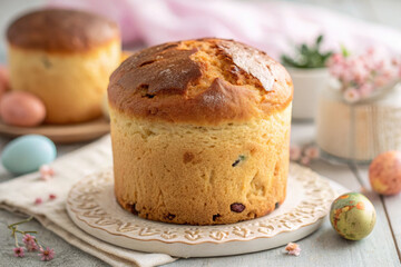 Golden Easter cake shines on a decorative plate, surrounded by festive colored eggs and spring blossoms.