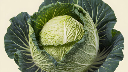 Obraz premium Realistic illustration of fresh, ripe cabbage, emphasizing its smooth texture and vibrant color, against a clean white background for a fresh and minimalistic aesthetic.